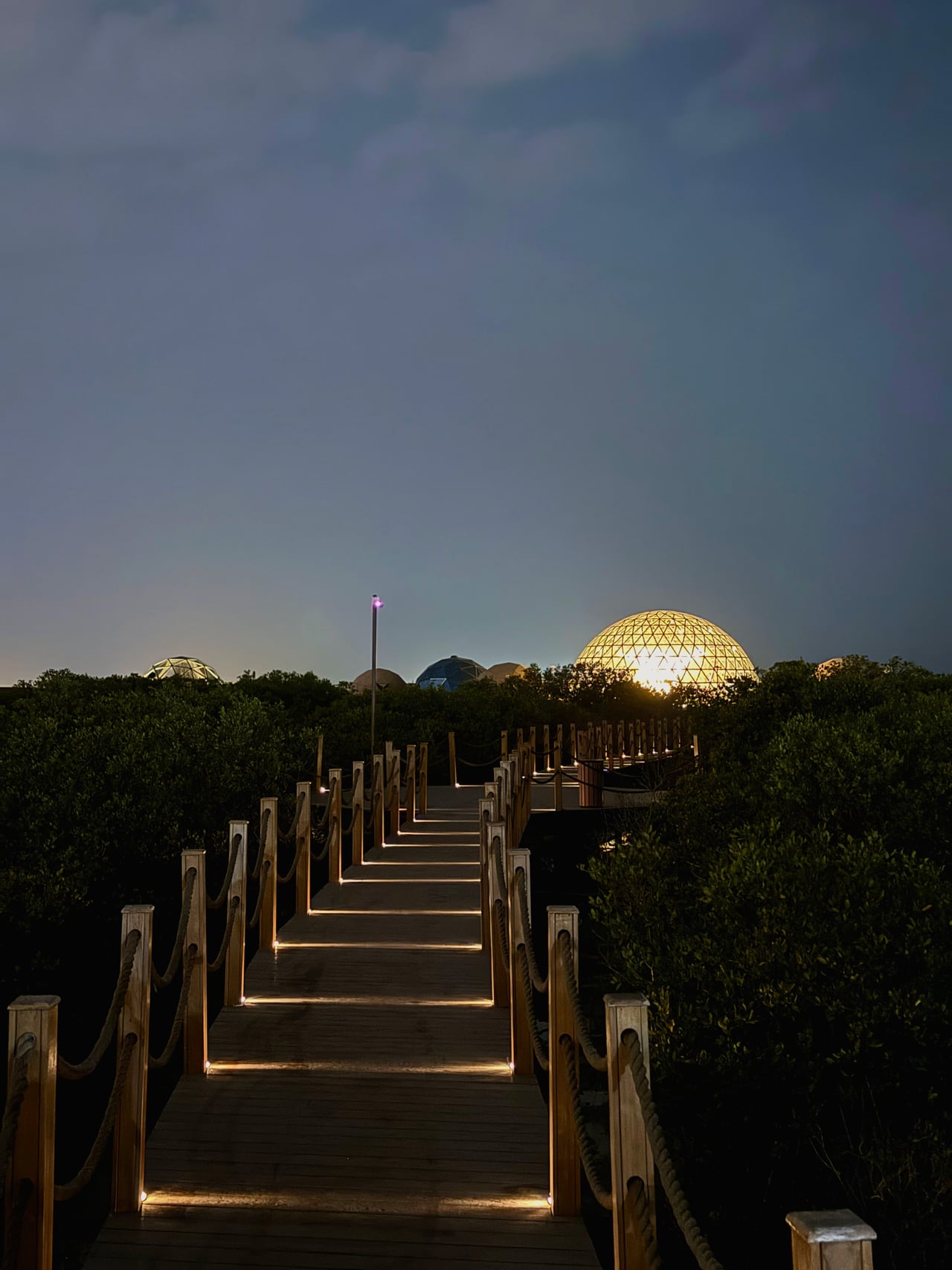 The domes glowing over the lagoon after dark