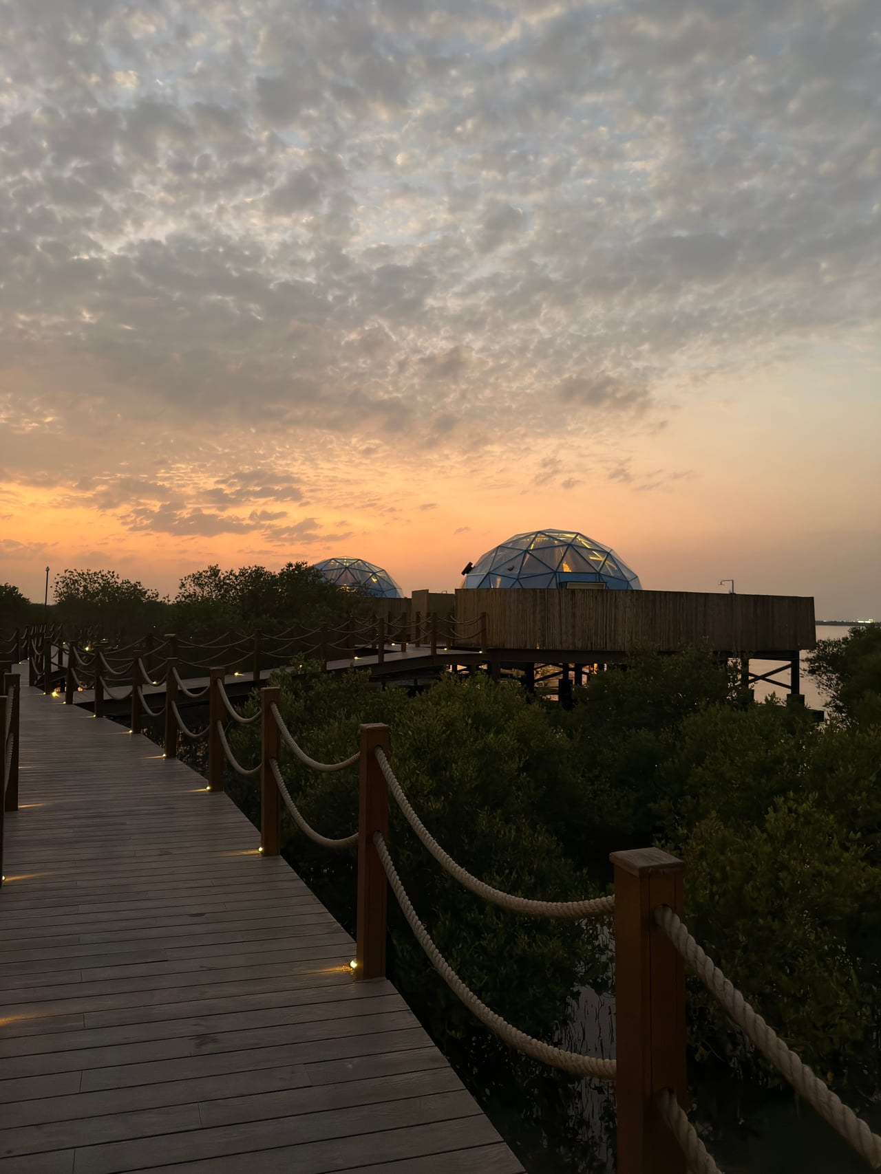 The walkways at sunset above the lagoon