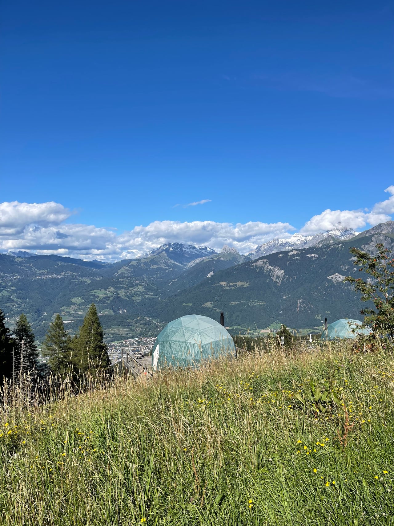 Green geodesic Whitepod pods set into an alpine meadow above the valley